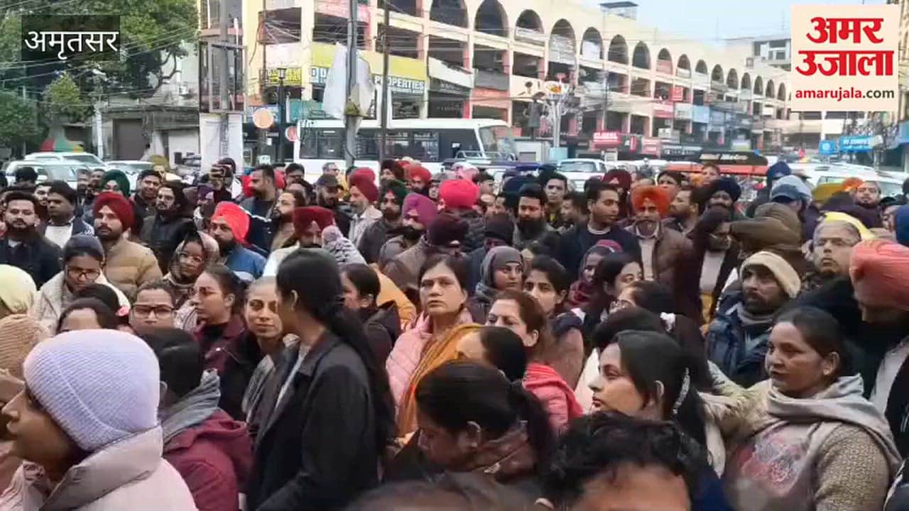 PNB employees protest on Lawrence Road in Amritsar.