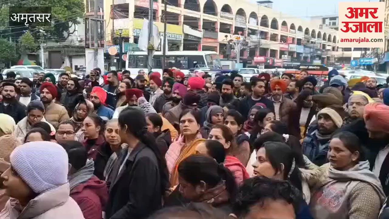 PNB employees protest on Lawrence Road in Amritsar.
