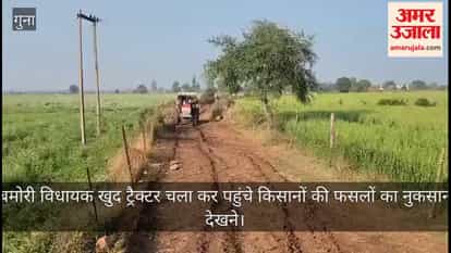 Bamori MLA Rishi Agarwal drove a tractor to the hailstorm-ravaged crops