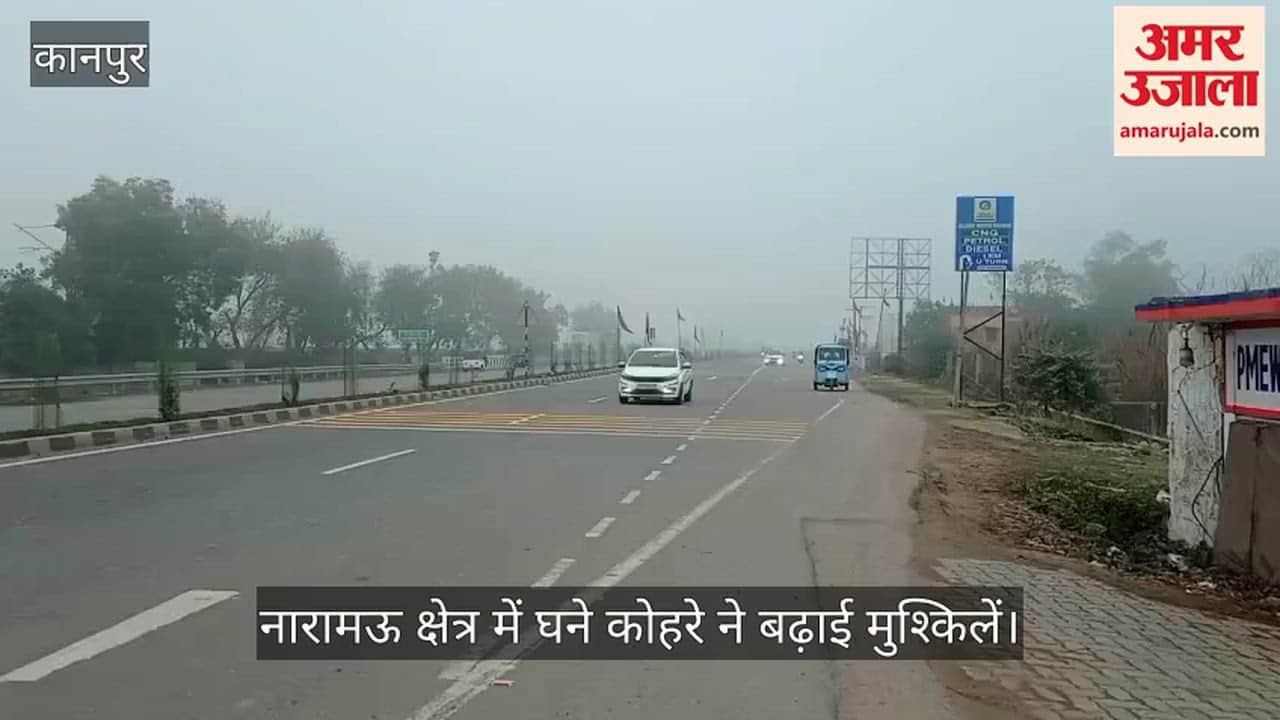 कानपुर: मंधना-नारामऊ हाईवे पर कोहरे का सितम, सुबह 11 बजे भी नहीं दिखी राह, लाइटें जलाकर निकले वाहन चालक
