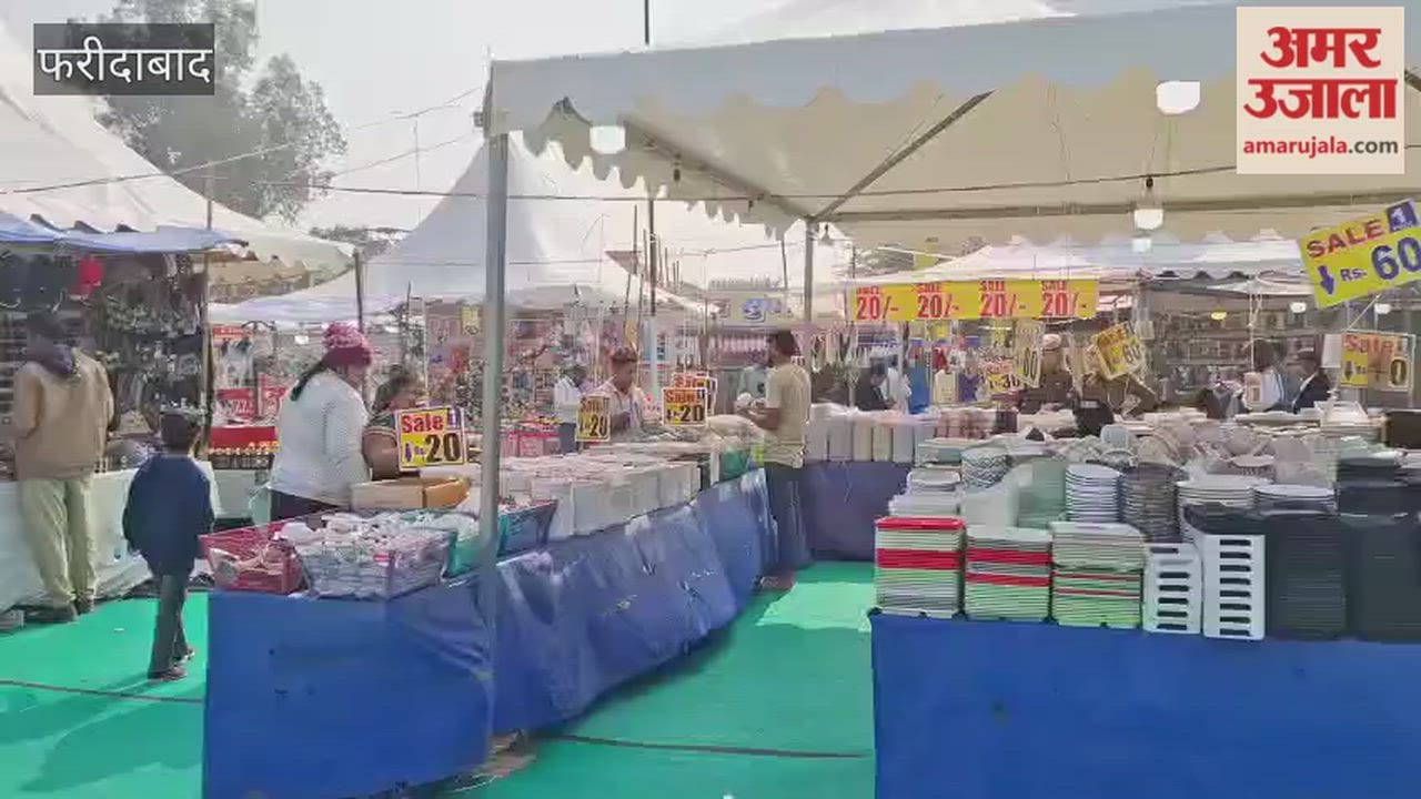 Women are shopping enthusiastically at the stalls set up in the amusement park at the Surajkund Mela