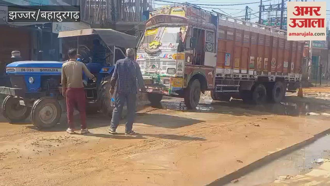 Truck stuck in the middle of a road under construction