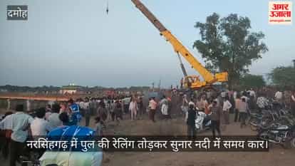 Damoh News: Car breaks railing of bridge in Narsinghgarh and falls into Sunar river