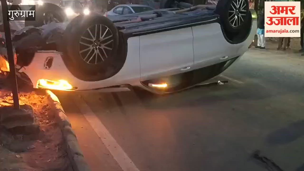 Mercedes car overturned on road after losing control and hitting divider
