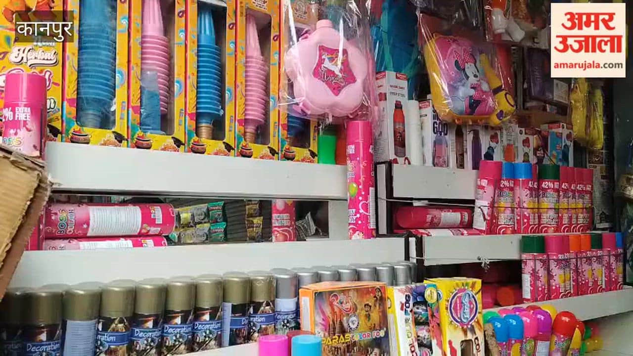 Kanpur: Holi market in Moolganj, with water guns shaped like tridents, maces, and hammers