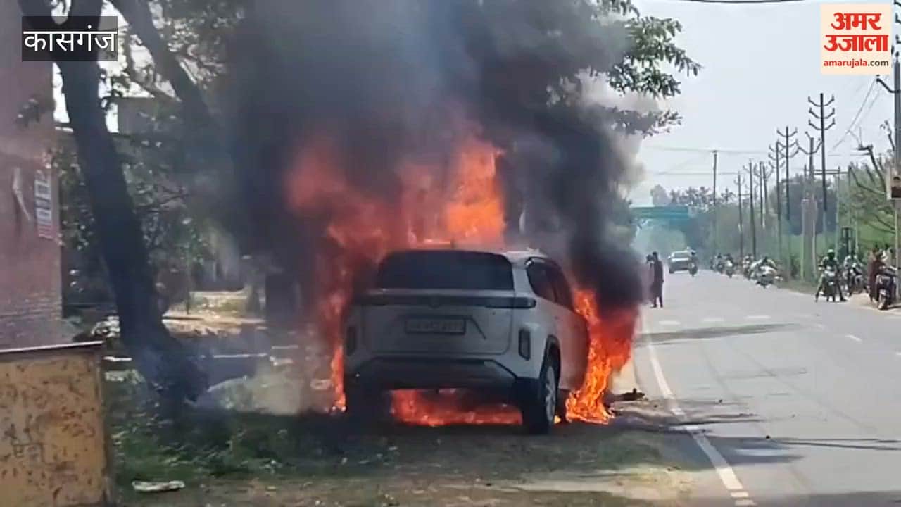 Car Crashes into Electric Pole Catches Massive Fire in Kasganj