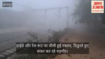 Kanpur Dense fog engulfs Bilhaur area vehicles move with headlights on