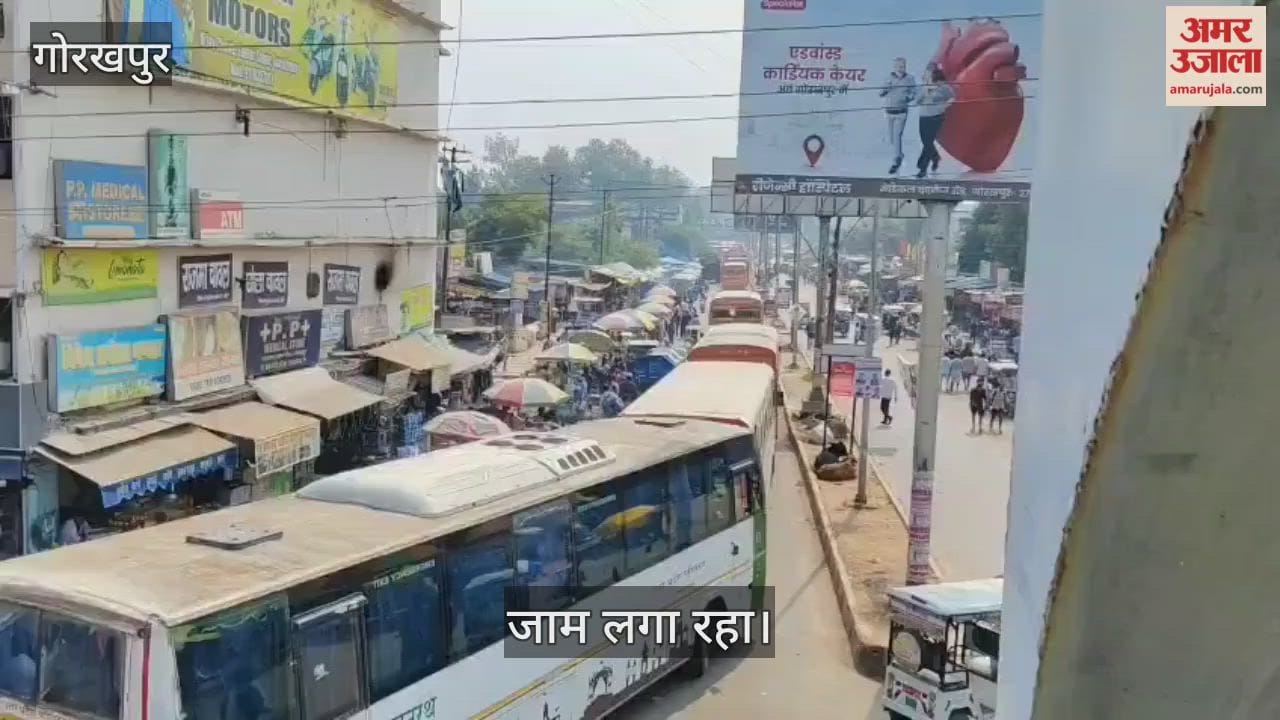 Traffic jam at the railway station, long queues of buses