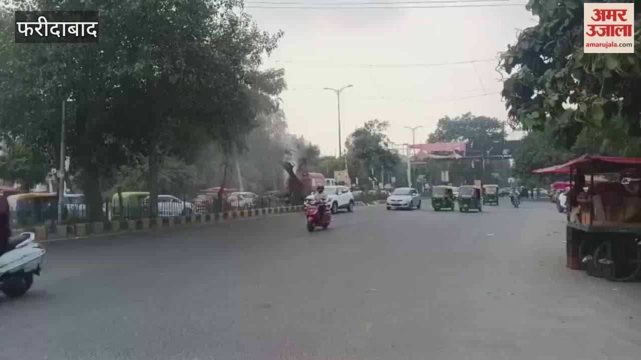Municipal Corporation vehicle sprinkles water near Neelam BK Chowk on Gurgaon Road