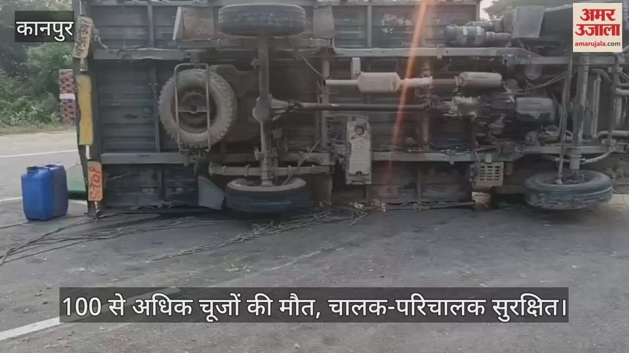 कानपुर: टायर जाम होने से अनियंत्रित हुई चूजों से भरी पिकअप, तीन घंटे बाद भी नहीं पहुंची एनएचएआई की टीम