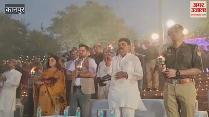 Namami Gange Ghat illuminated with lamps, Ganga's grand aarti performed