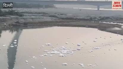 Foam seen in Yamuna river from above Wazirabad bridge in Delhi