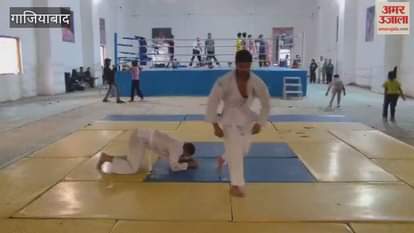 Players participating in the Judo trials held at Mahamaya Stadium