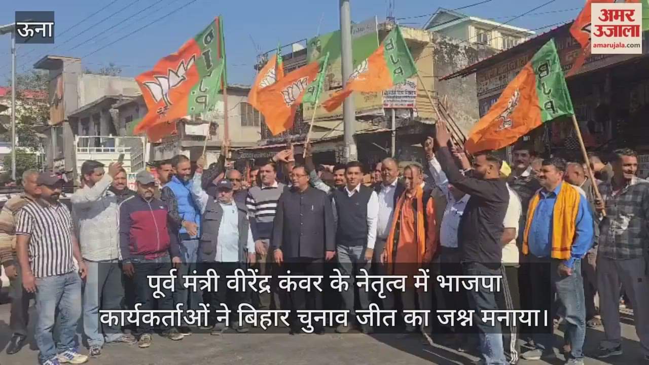 BJP workers led by former minister Virendra Kanwar celebrated the Bihar election victory.
