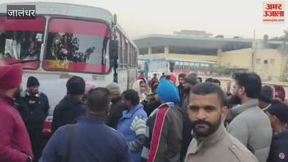Punjab Roadways employees stage a road blockade in Jalandhar to press for their demands