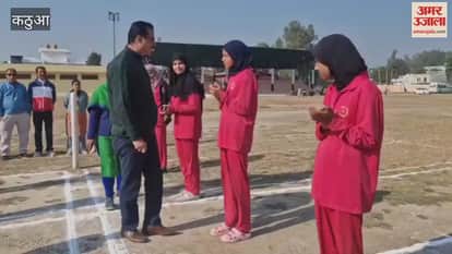 Kho-Kho tournament grand inauguration at Kathua Sports Stadium; participants showcase their skills.