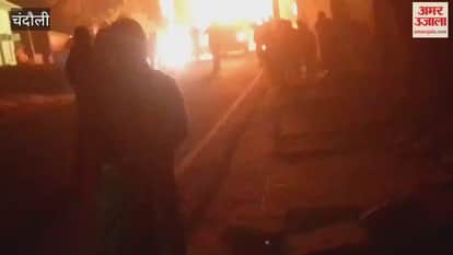 Delivery pickup catches fire short circuit in 33,000-volt line