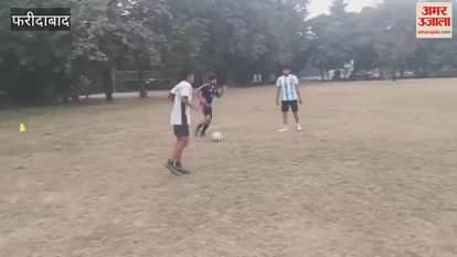 Players practicing football after selection in small center in Faridabad