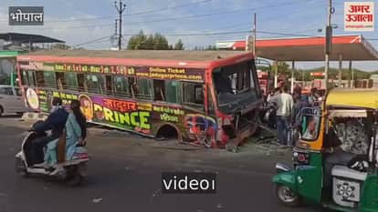 A low-floor bus climbed onto the divider to avoid an out-of-control car; passengers are safe.