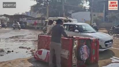 Six Months of Waterlogged Road in Kasganj Potholes Causing Daily Accidents