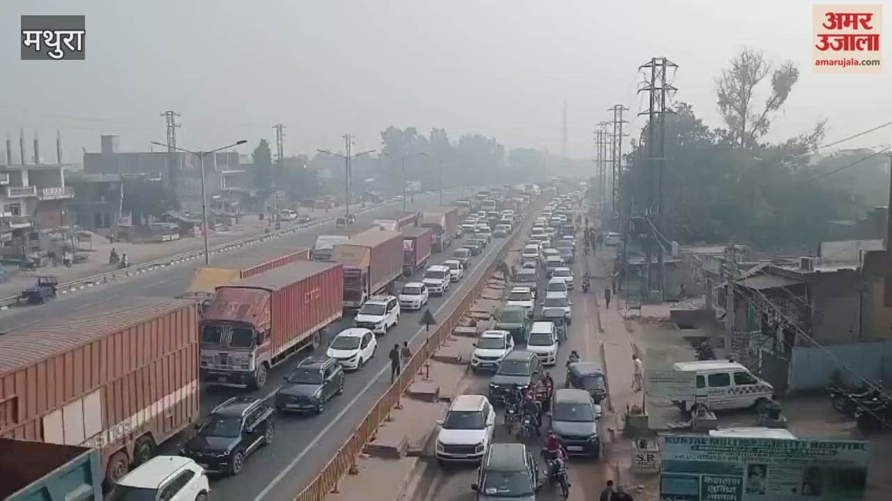 long traffic jam on highway in Mathura