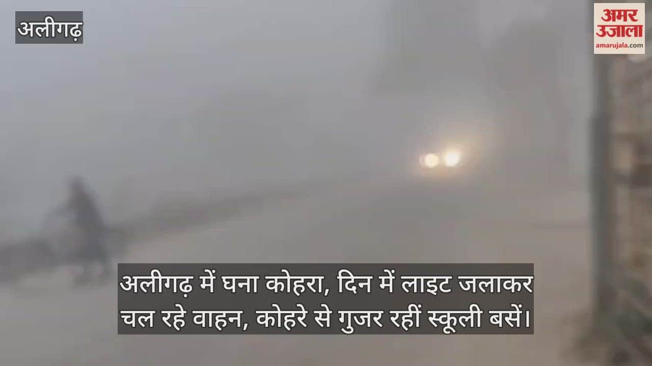 अलीगढ़ में घना कोहरा, दिन में लाइट जलाकर चल रहे वाहन, कोहरे से गुजर रहीं स्कूली बसें