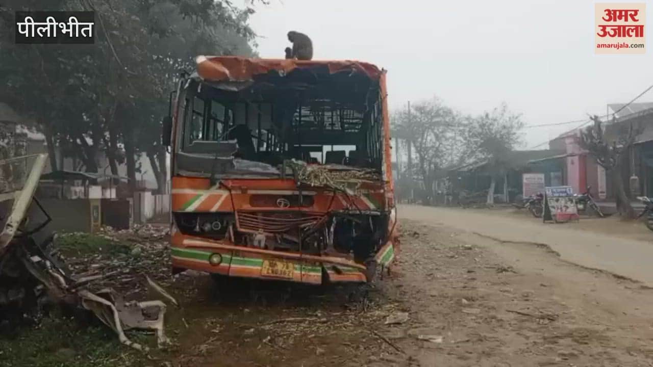 roadways bus collided with a parked truck on the highway in Pilibhit
