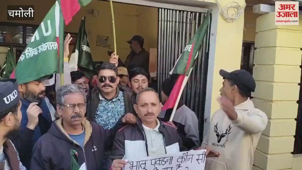 Outraged over wildlife attacks UKD activists locked down the Kedarnath Wildlife Division office.