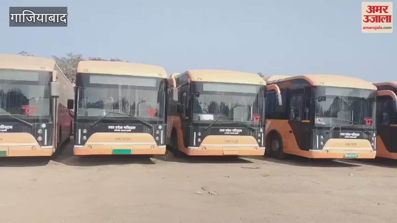 electric buses brought in for pollution control are parked at the Sahibabad depot