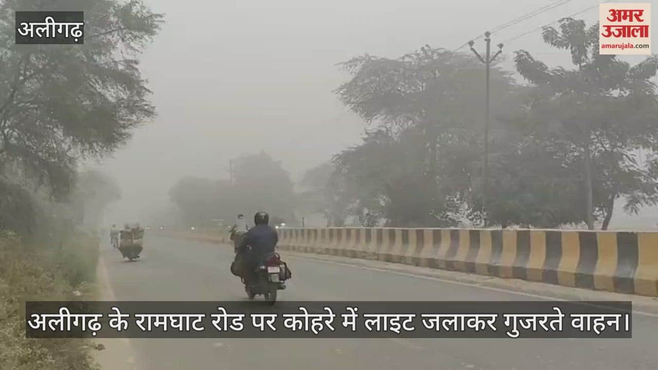 अलीगढ़ के रामघाट रोड पर कोहरे में लाइट जलाकर गुजरते वाहन