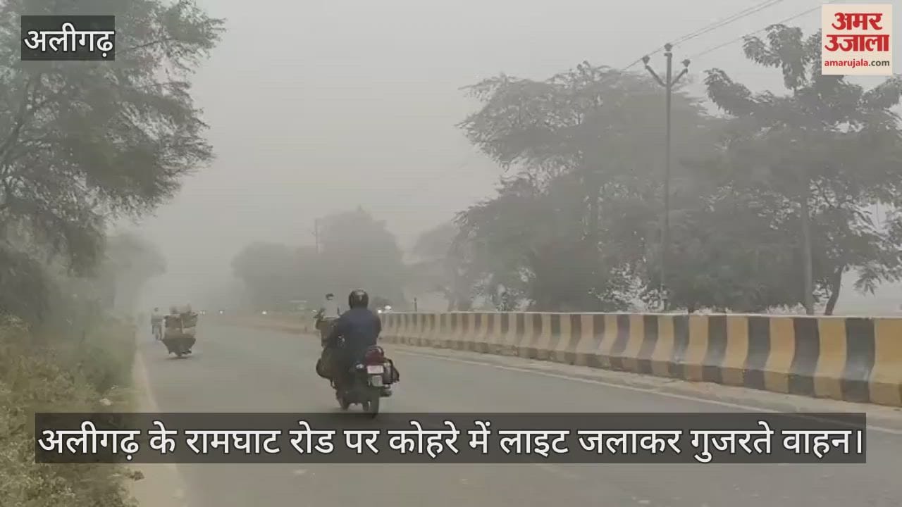 अलीगढ़ के रामघाट रोड पर कोहरे में लाइट जलाकर गुजरते वाहन
