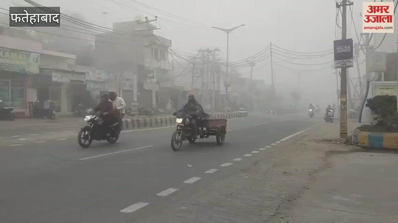 Vehicles are using fog lights while driving on the road due to dense fog in Tohana, Fatehabad.