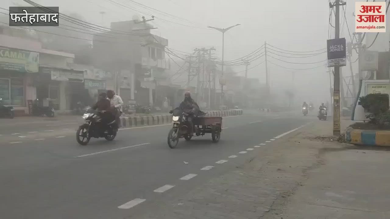Vehicles are using fog lights while driving on the road due to dense fog in Tohana, Fatehabad.