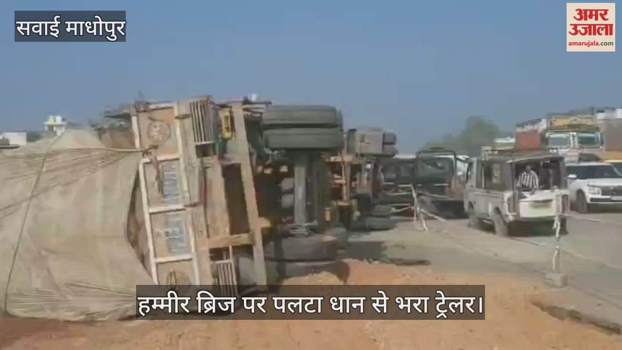 Sawai Madhopur News: Trailer loaded with paddy overturns on Hammir Bridge, traffic disrupted