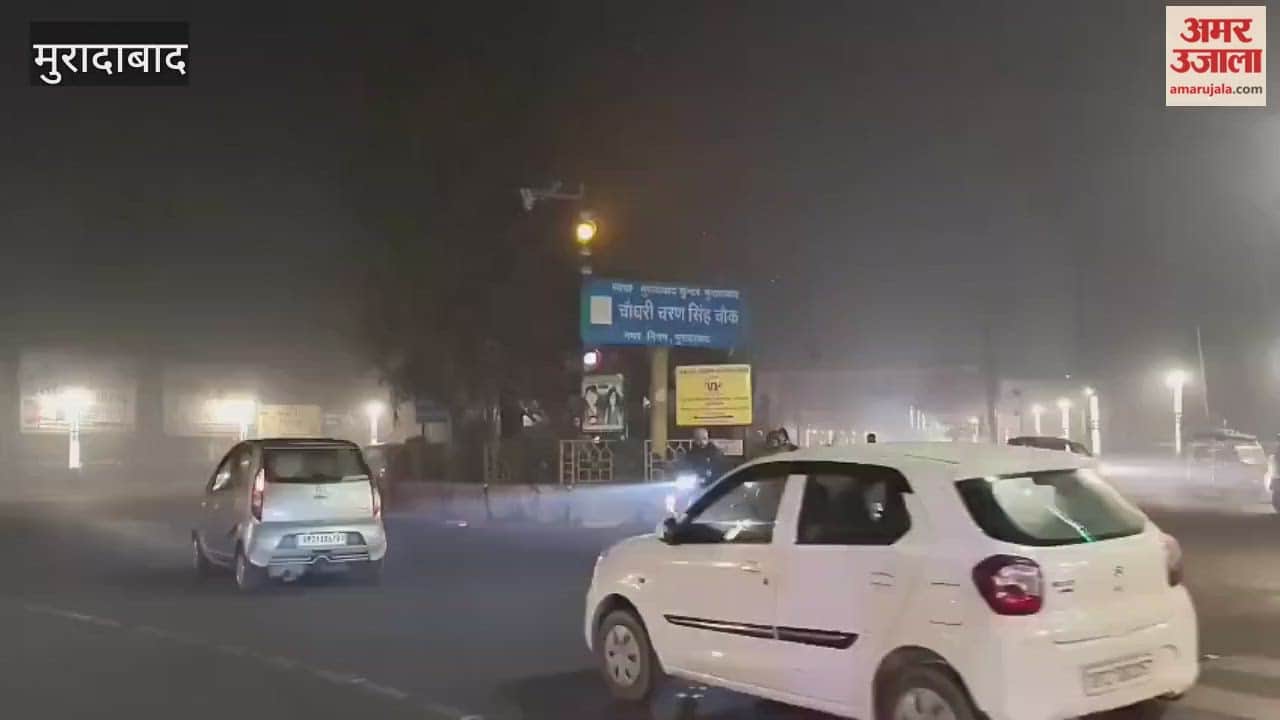मुरादाबाद में घना कोहरा छाया, दिन में लाइट जलाकर हाईवे पर रेंगते रहे वाहन