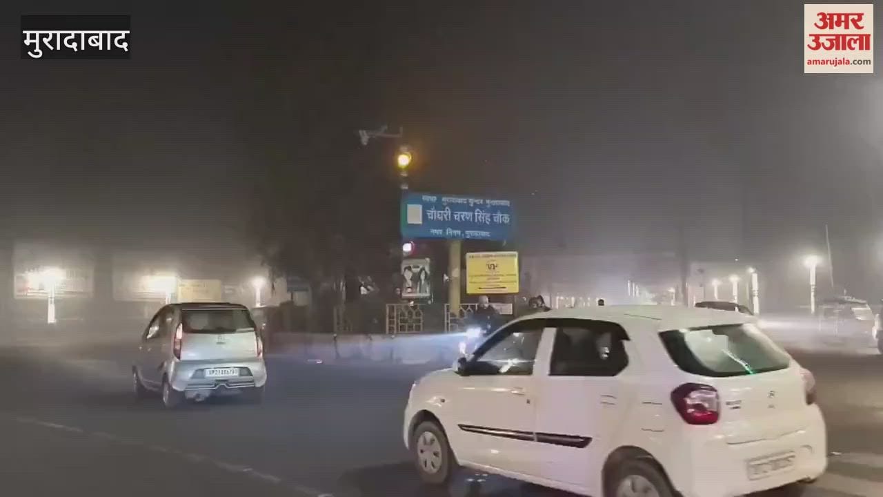 मुरादाबाद में घना कोहरा छाया, दिन में लाइट जलाकर हाईवे पर रेंगते रहे वाहन