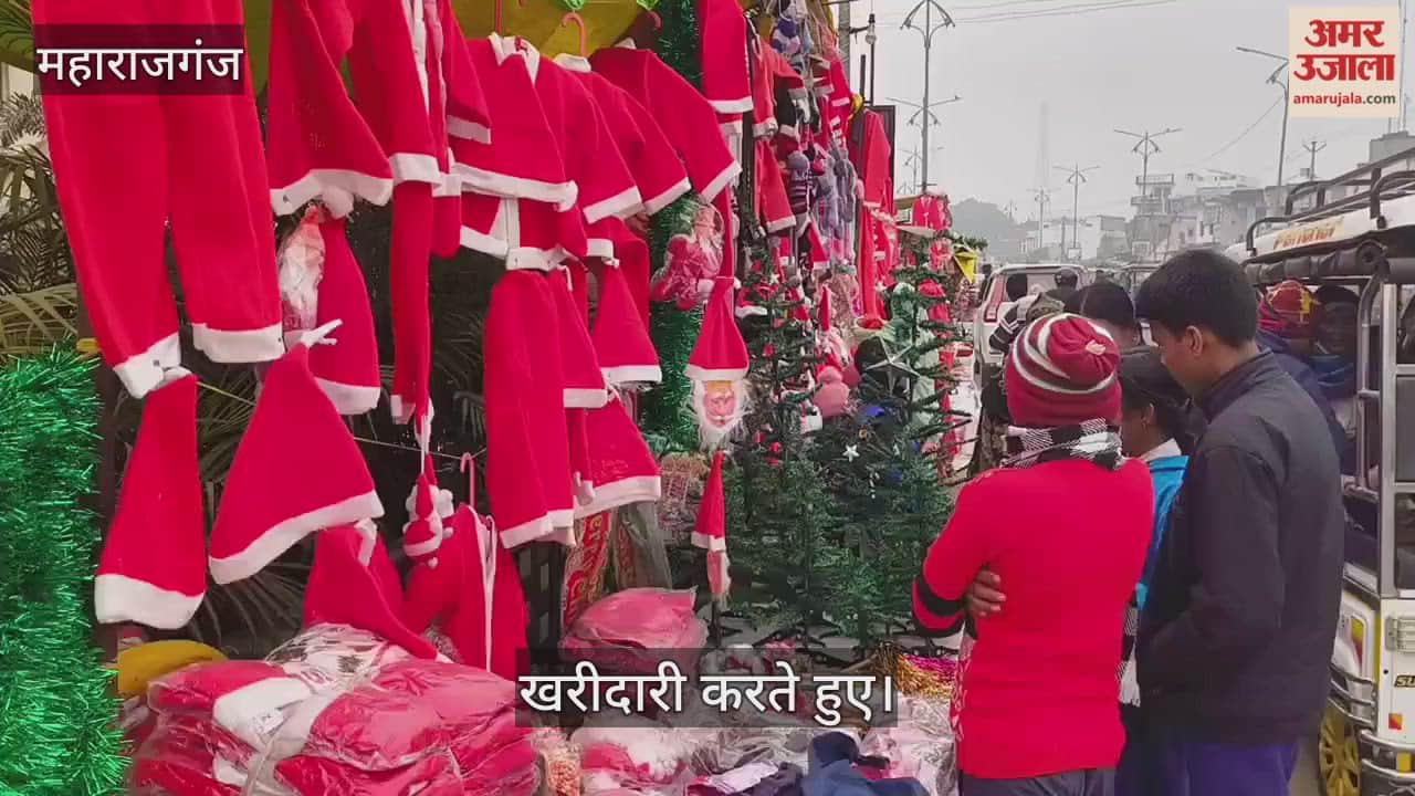 Christmas market decorated, people went out shopping