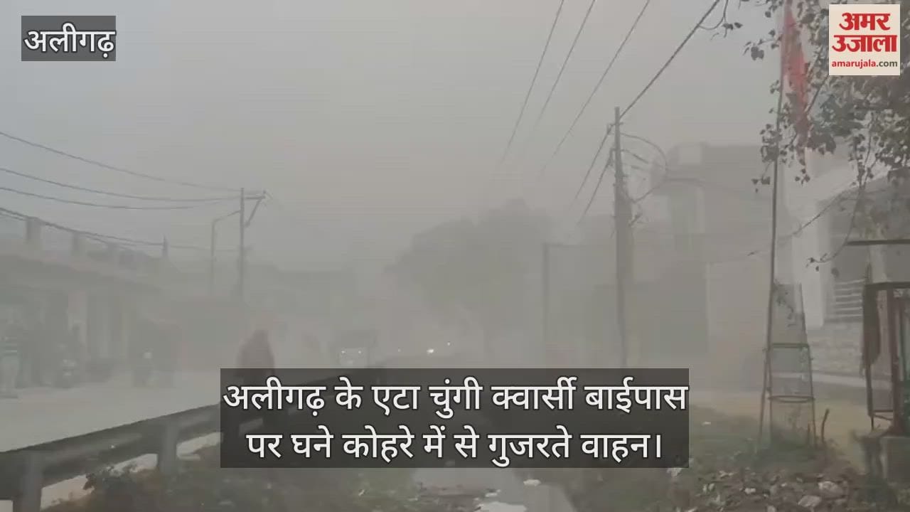 अलीगढ़ के एटा चुंगी क्वार्सी बाईपास पर घने कोहरे में से गुजरते वाहन