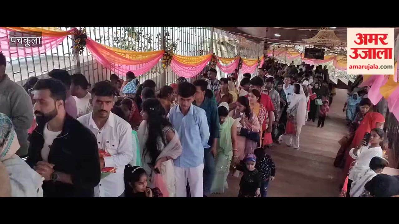 Crowds throng the Mata Mansa Devi Temple on the first day of Navratri.