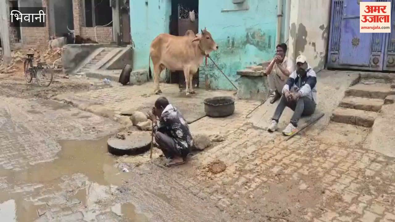 Stagnant filthy water accumulates in a street in Bhiwani; workers busy opening a sewer manhole using a wooden plank.