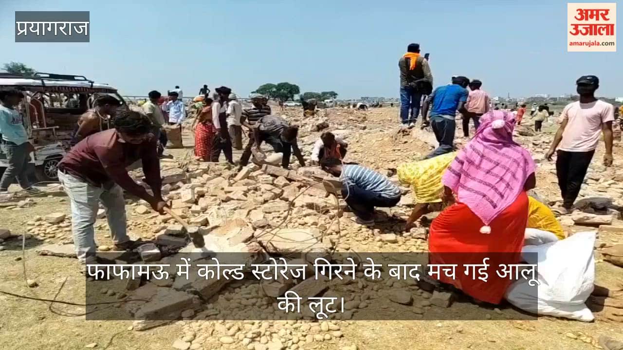 Potatoes were looted after a cold storage facility collapsed in Phaphamau, with people loading them up on bikes and scooters.
