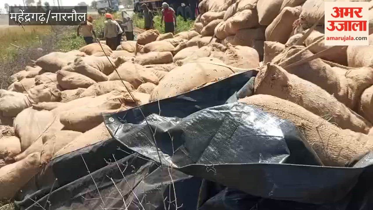 A trailer loaded with oil cake and cotton seeds overturned on Nangal Chaudhary Road in Narnaul; the driver had a narrow escape.