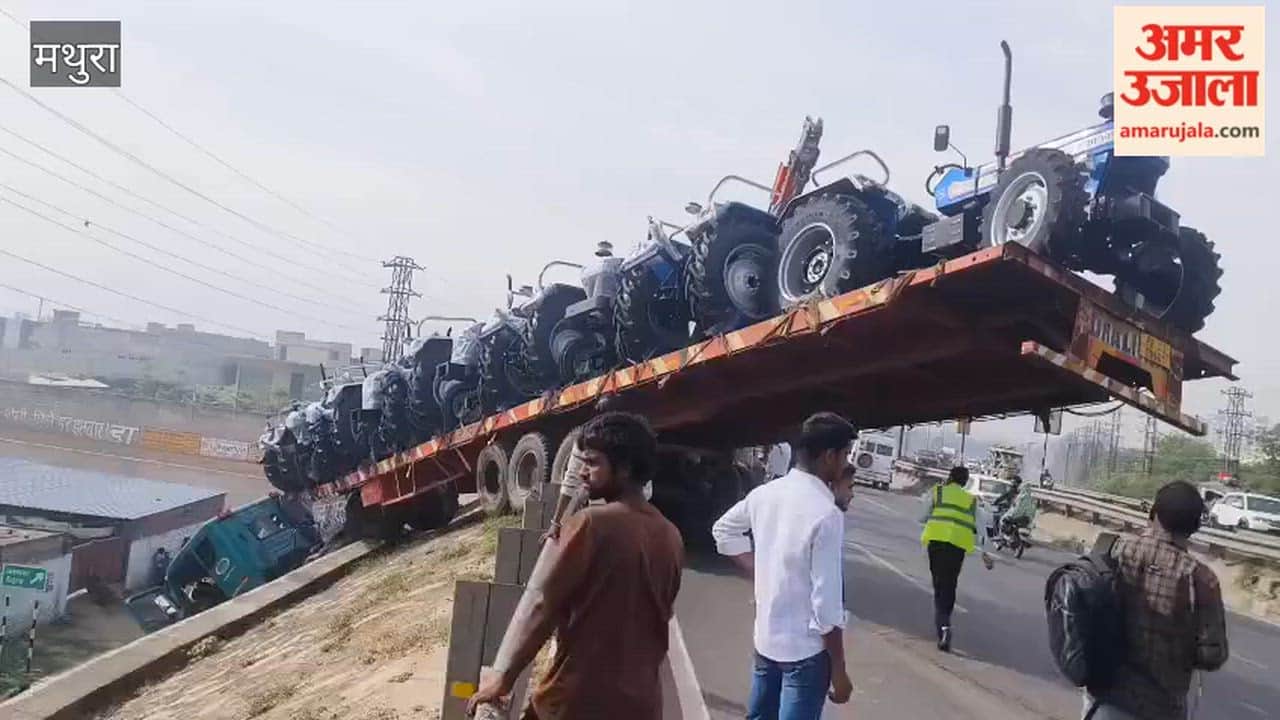 Trolley Loaded with Tractors Left Dangling from Highway Bridge in Mathura