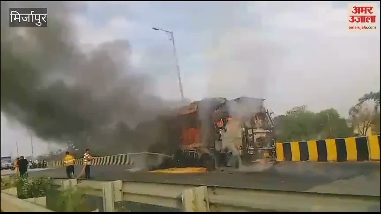 Truck Parked on Overbridge Suddenly Catches Fire Vehicle and Rice Cargo burn in Mirzapur