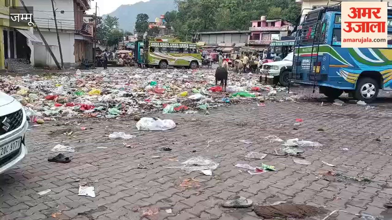 Piles of garbage in Reasi city due to sanitation workers' strike.