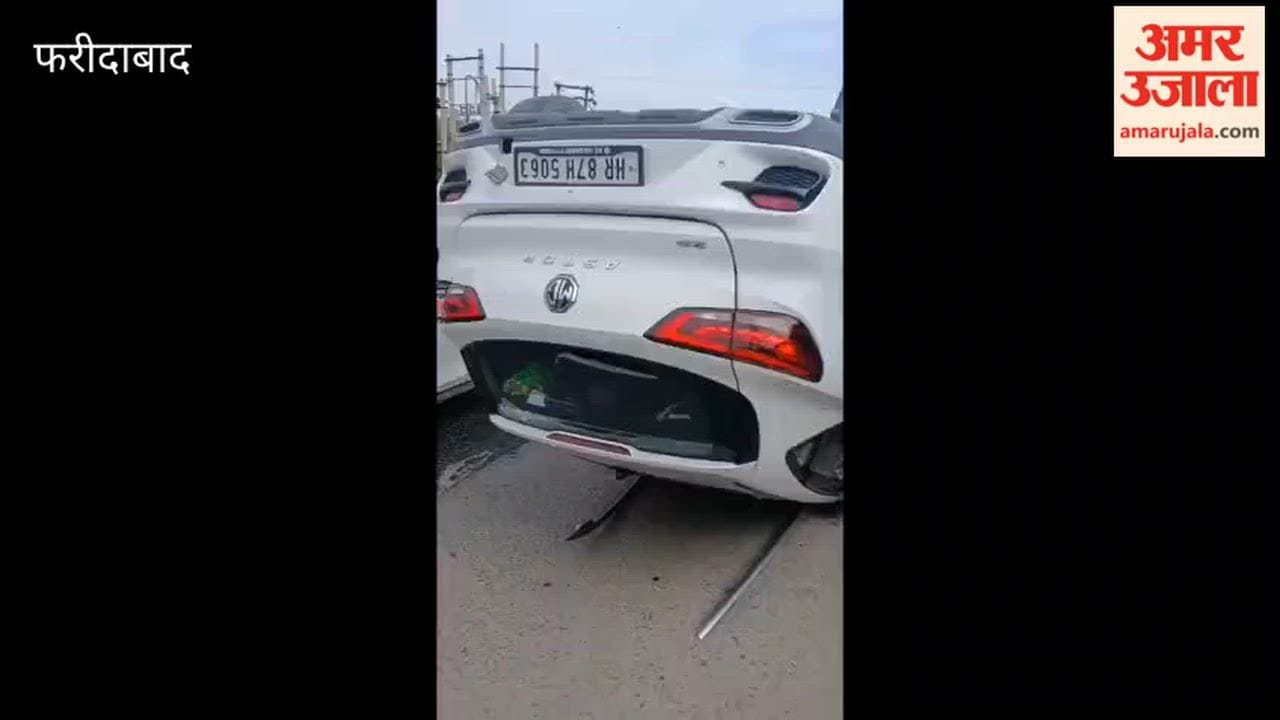 Faridabad Road Accident Speeding car crashes into a pole and overturns in Faridabad
