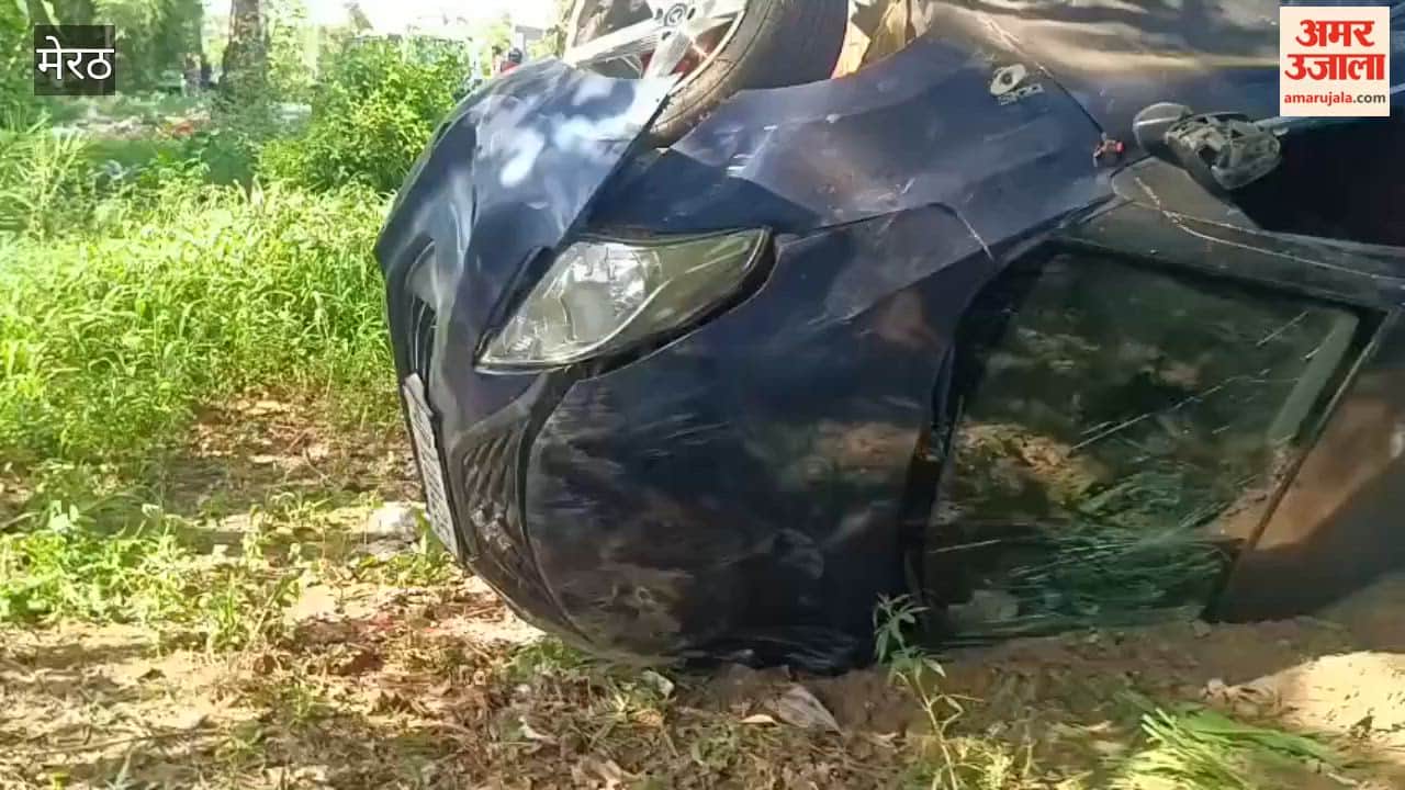 Car overturns after collision with bus; three occupants, including a woman, injured.