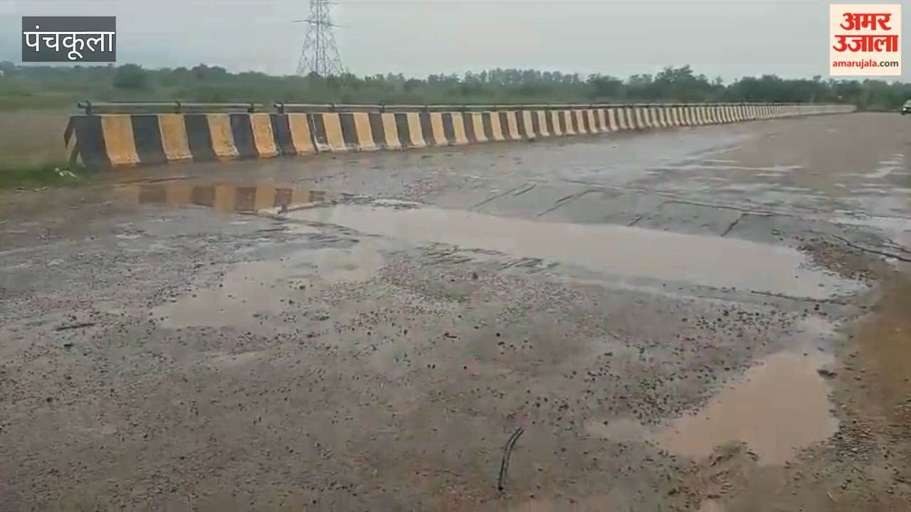 Road caves in near the Khatoli river bridge in Barwala; potholes increase risk of accidents