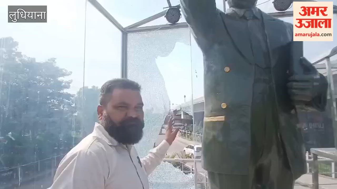 The glass of the enclosure around Dr. Ambedkar statue is broken