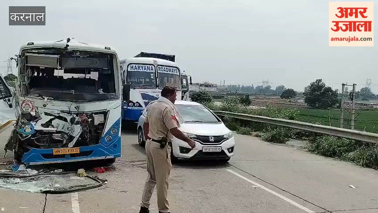 Two Roadways buses collided on the overbridge in Gharaunda while trying to avoid another vehicle.